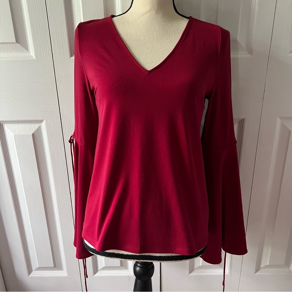 Express Red V-Neck Women's Blouse with Open/Tie Bell Sleeves